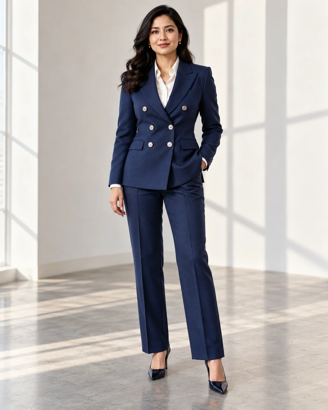 Office Wear · Navy double breasted suit · 01