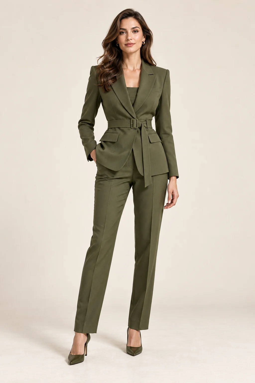 Office Wear · Olive belted suit · 03