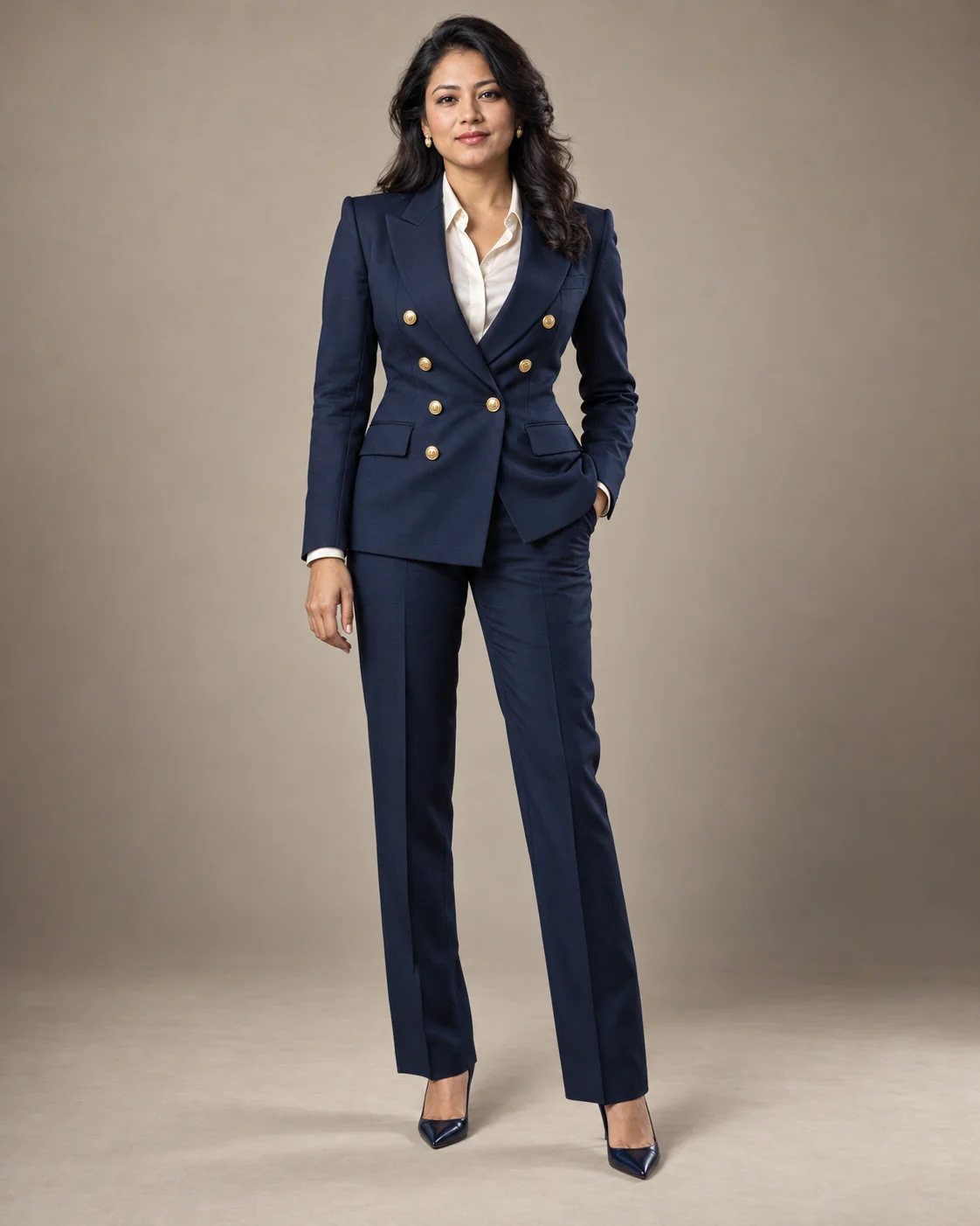 Office Wear · Navy gold button suit · 04