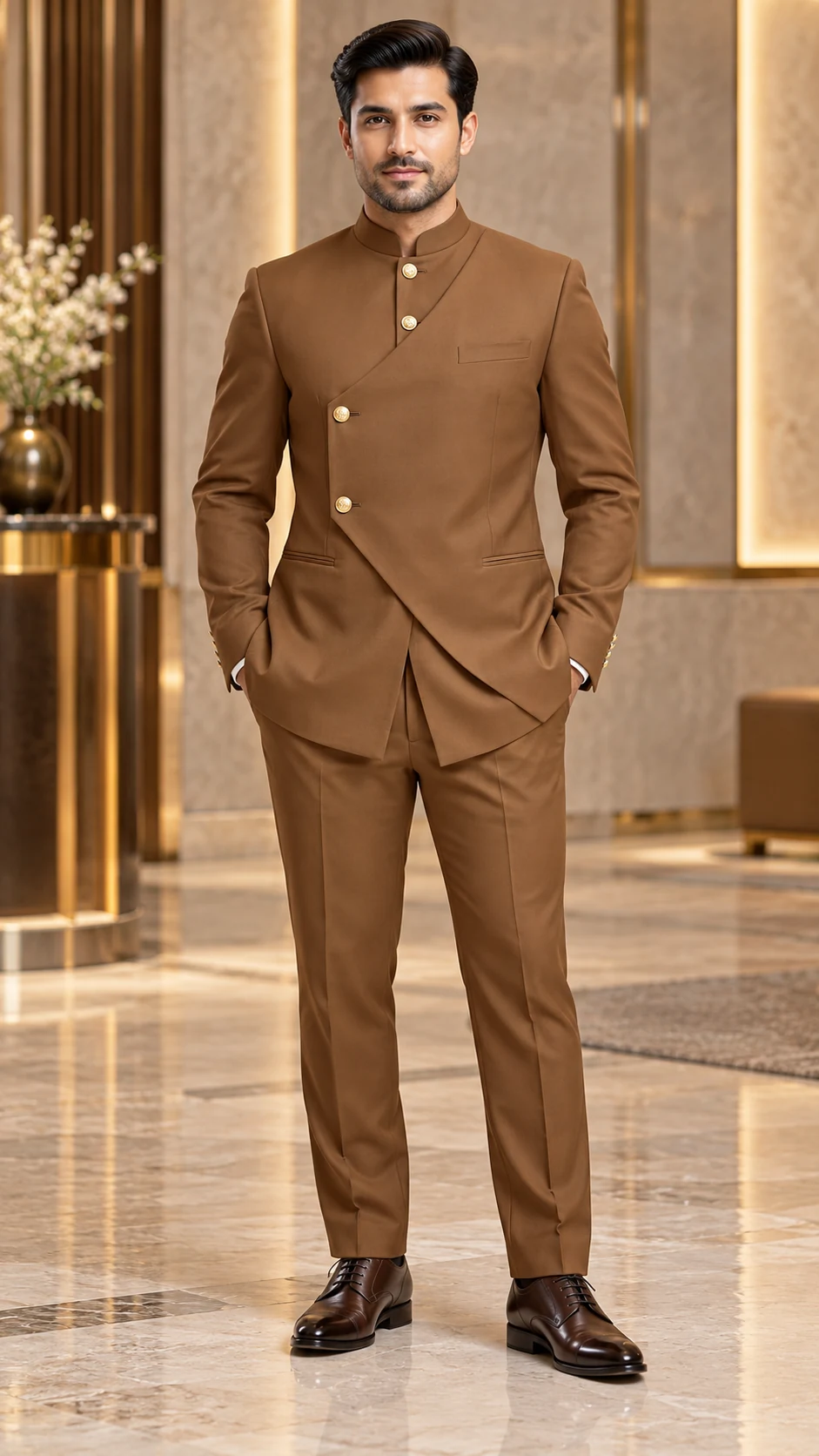 Party Wear · Caramel asymmetric bandhgala · 03
