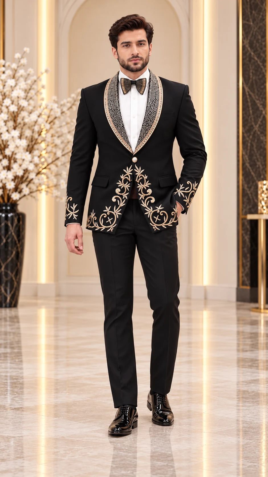 Party Wear · Black gold embroidered tuxedo · 09