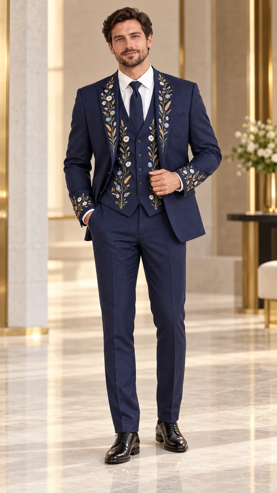Party Wear · Navy floral embroidered suit · 14