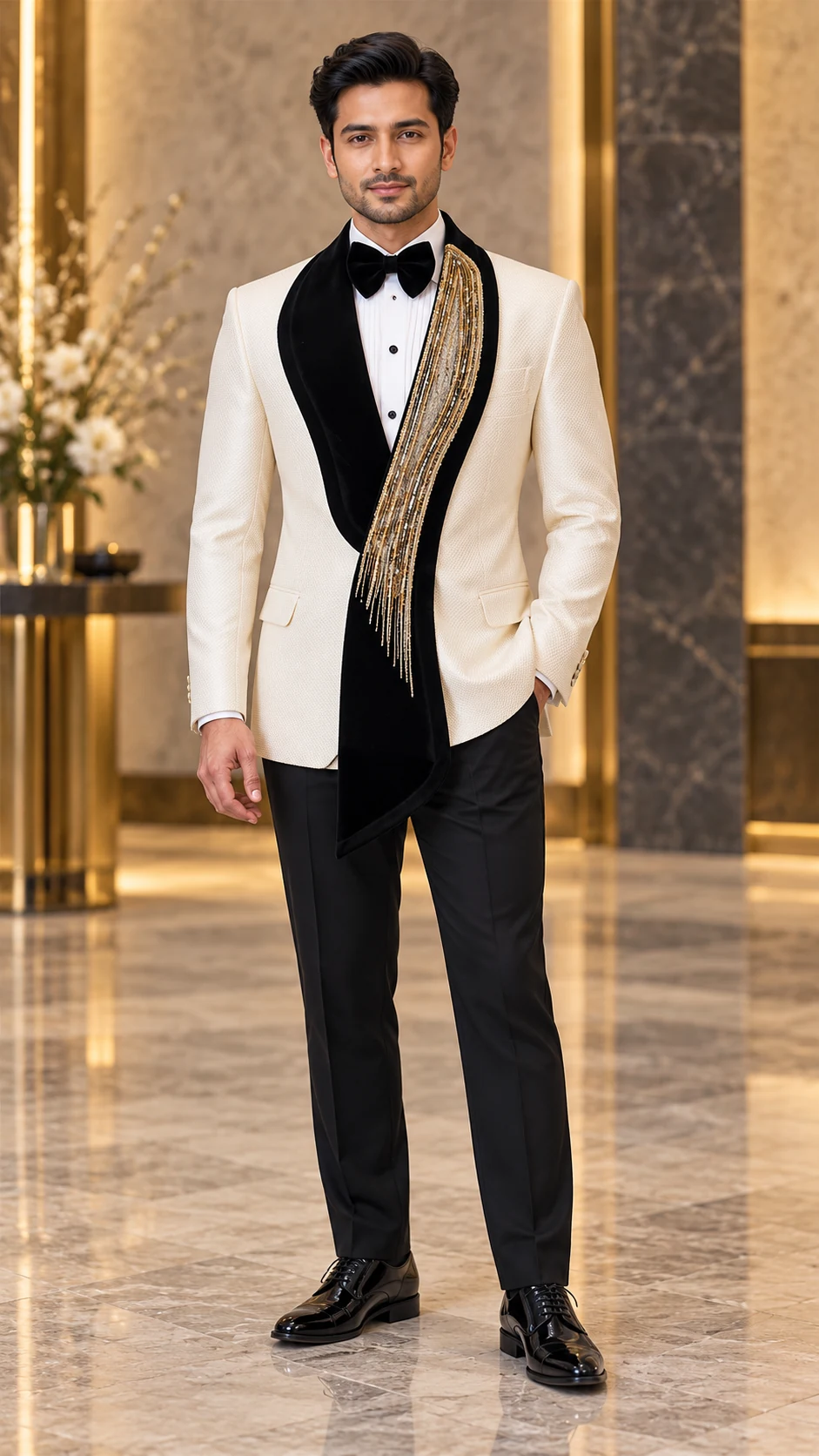 Party Wear · Ivory gold drape tuxedo · 16