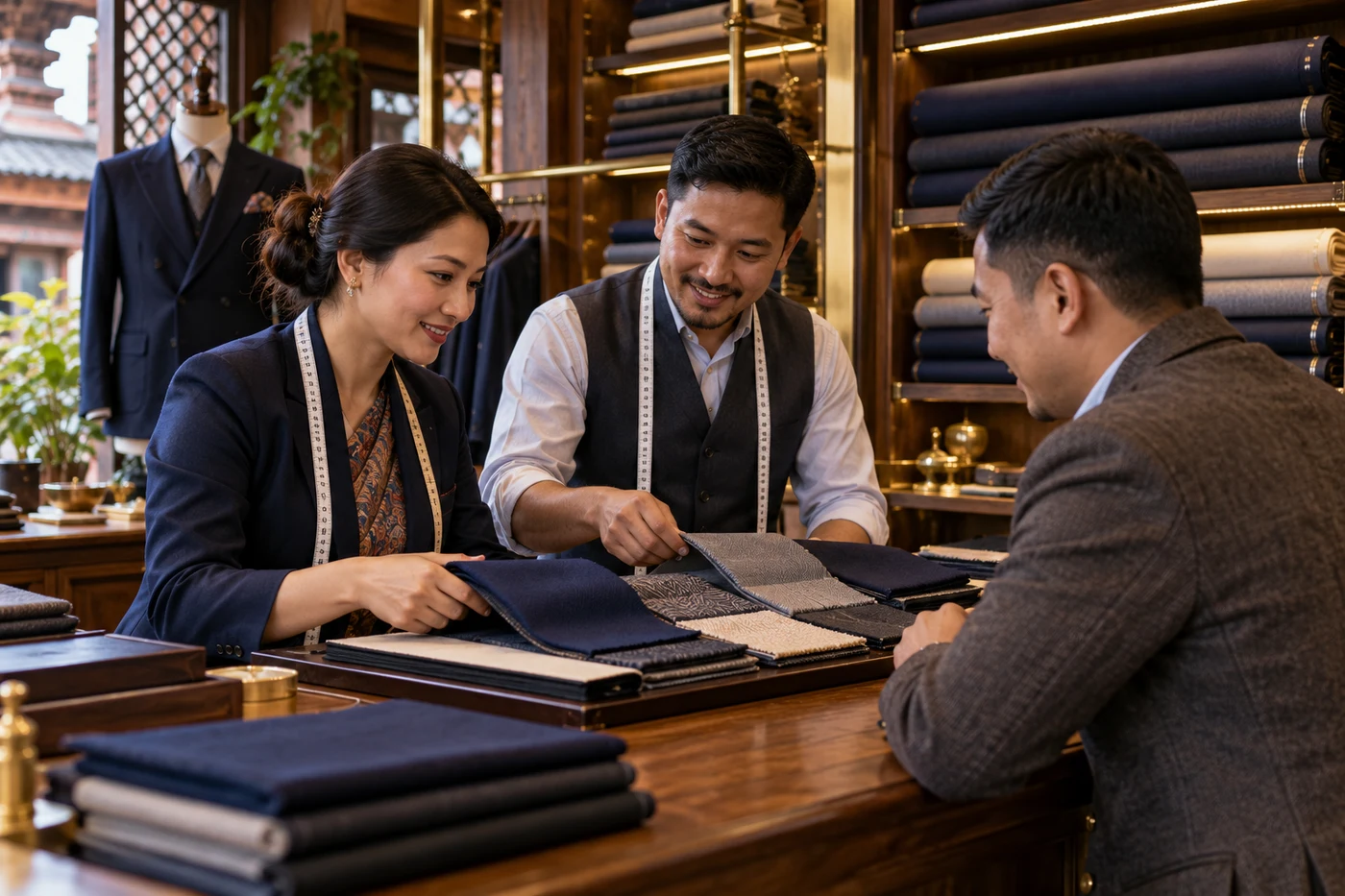 AI-generated illustration of a tailoring consultation with fabric swatches