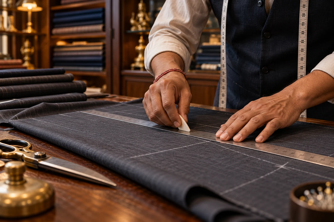 AI-generated illustration of hands measuring and marking suiting fabric with tailor’s chalk