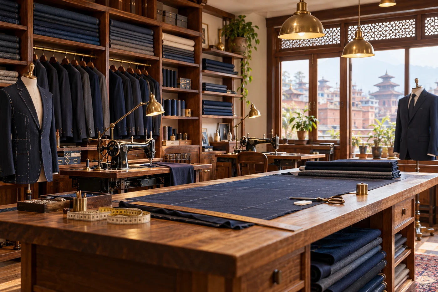 AI-generated illustration of an organized tailoring workshop with suits and sewing machines